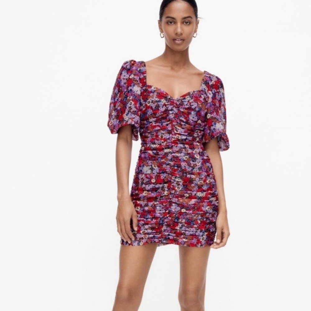 Zara NWT Womens XS Floral Sweetheart Puff Sleeves Red Purple